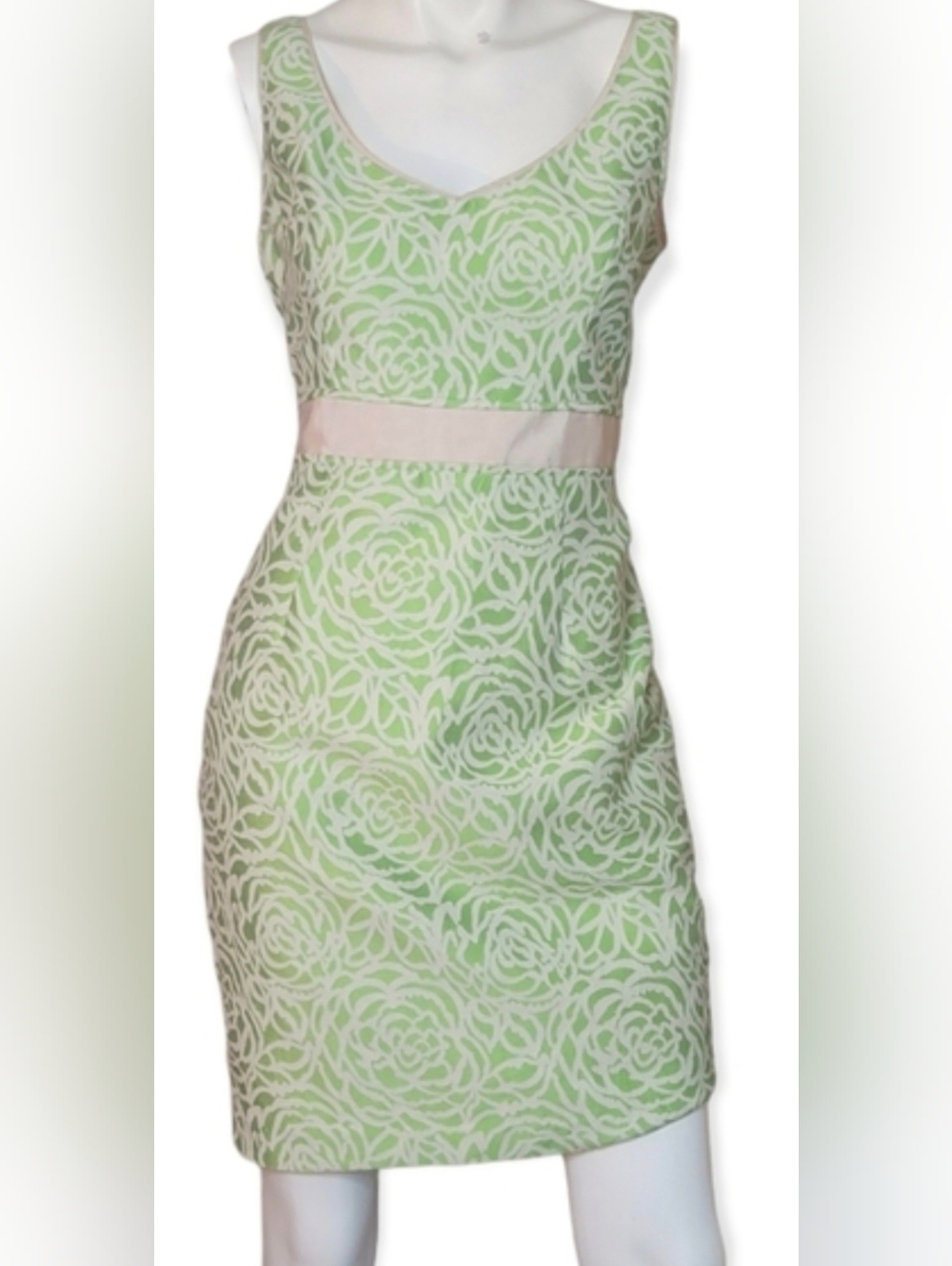 Maggy London Green and Light Pink Floral Sheath Midi Dress
